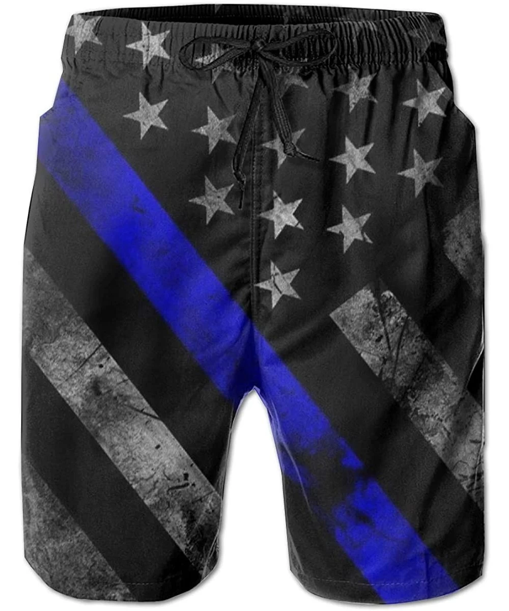 Board Shorts Men's Adjustable Drawstring Elastic Waist Swim Trunks Beach Shorts - Blue Lives Matter Flag - CU19CKTIDML