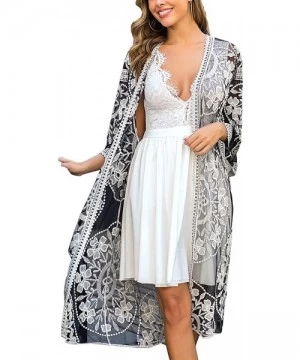 Cover-Ups Women's Lace Cardigan Floral Crochet Sheer Beach Bikini Cover Ups Long Open Kimono - Black White 2 - C0193495ZSZ