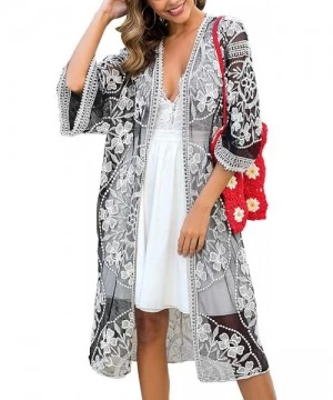 Cover-Ups Women's Lace Cardigan Floral Crochet Sheer Beach Bikini Cover Ups Long Open Kimono - Black White 2 - C0193495ZSZ