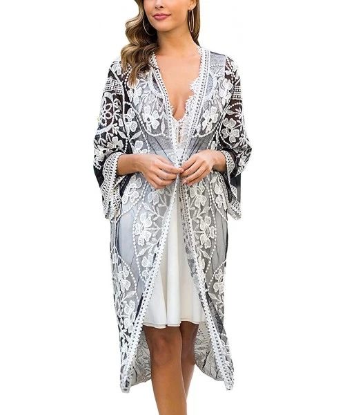 Cover-Ups Women's Lace Cardigan Floral Crochet Sheer Beach Bikini Cover Ups Long Open Kimono - Black White 2 - C0193495ZSZ