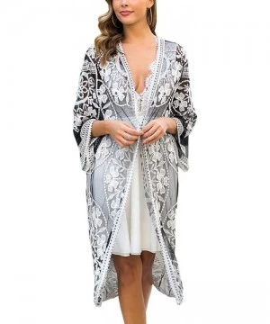 Cover-Ups Women's Lace Cardigan Floral Crochet Sheer Beach Bikini Cover Ups Long Open Kimono - Black White 2 - C0193495ZSZ