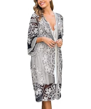 Cover-Ups Women's Lace Cardigan Floral Crochet Sheer Beach Bikini Cover Ups Long Open Kimono - Black White 2 - C0193495ZSZ