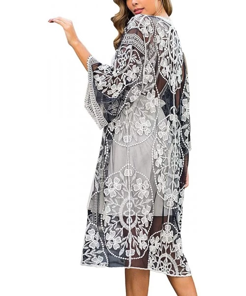 Cover-Ups Women's Lace Cardigan Floral Crochet Sheer Beach Bikini Cover Ups Long Open Kimono - Black White 2 - C0193495ZSZ