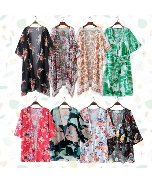 Cover-Ups Womens Floral Chiffon Casual Cardigan - Bikini Half Sleeve Kimono Shawl Sun Protection Blouses Beach Wear Cover ups...