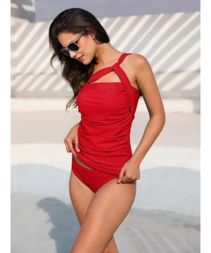 Tankinis Women's One Shoulder Swimsuit Two Piece Ruched Tankini Tummy Control Bikini Set - Red - CG189039K75