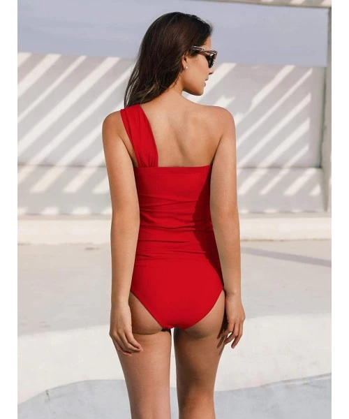 Tankinis Women's One Shoulder Swimsuit Two Piece Ruched Tankini Tummy Control Bikini Set - Red - CG189039K75