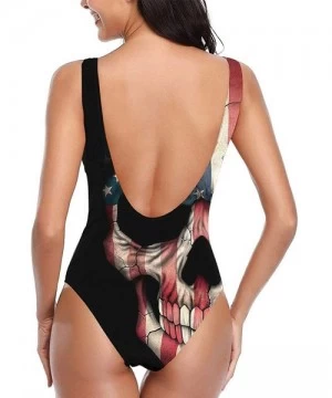 One-Pieces Ladies One Piece Swimsuit American Flag Skull Deep V Neck Bathing Suit Athletic Training Bikini - CH197WCQ929