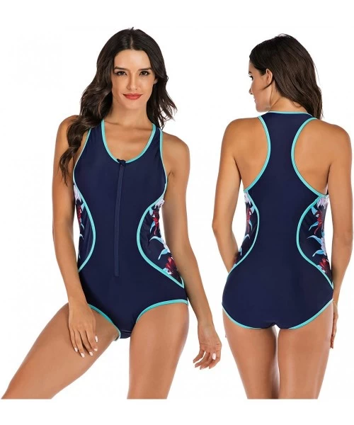 One-Pieces Women's Zip up Printed One Piece Swimsuit Half Sleeve Rash Guard Swimwear UV Protection Surfing Bathing Suits - Oc...