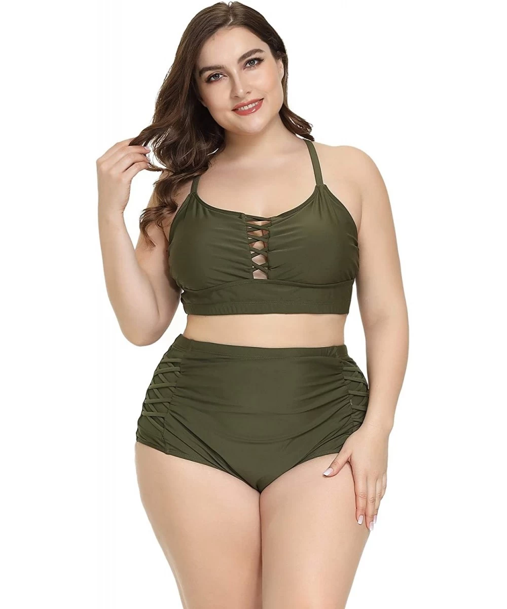 Sets Women Two Piece Swimsuit High Waisted Off Shoulder Ruffled Plus Size Bikini Set - Green 1 - CK193TWMGYS