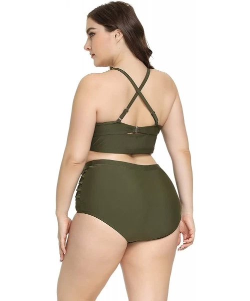 Sets Women Two Piece Swimsuit High Waisted Off Shoulder Ruffled Plus Size Bikini Set - Green 1 - CK193TWMGYS