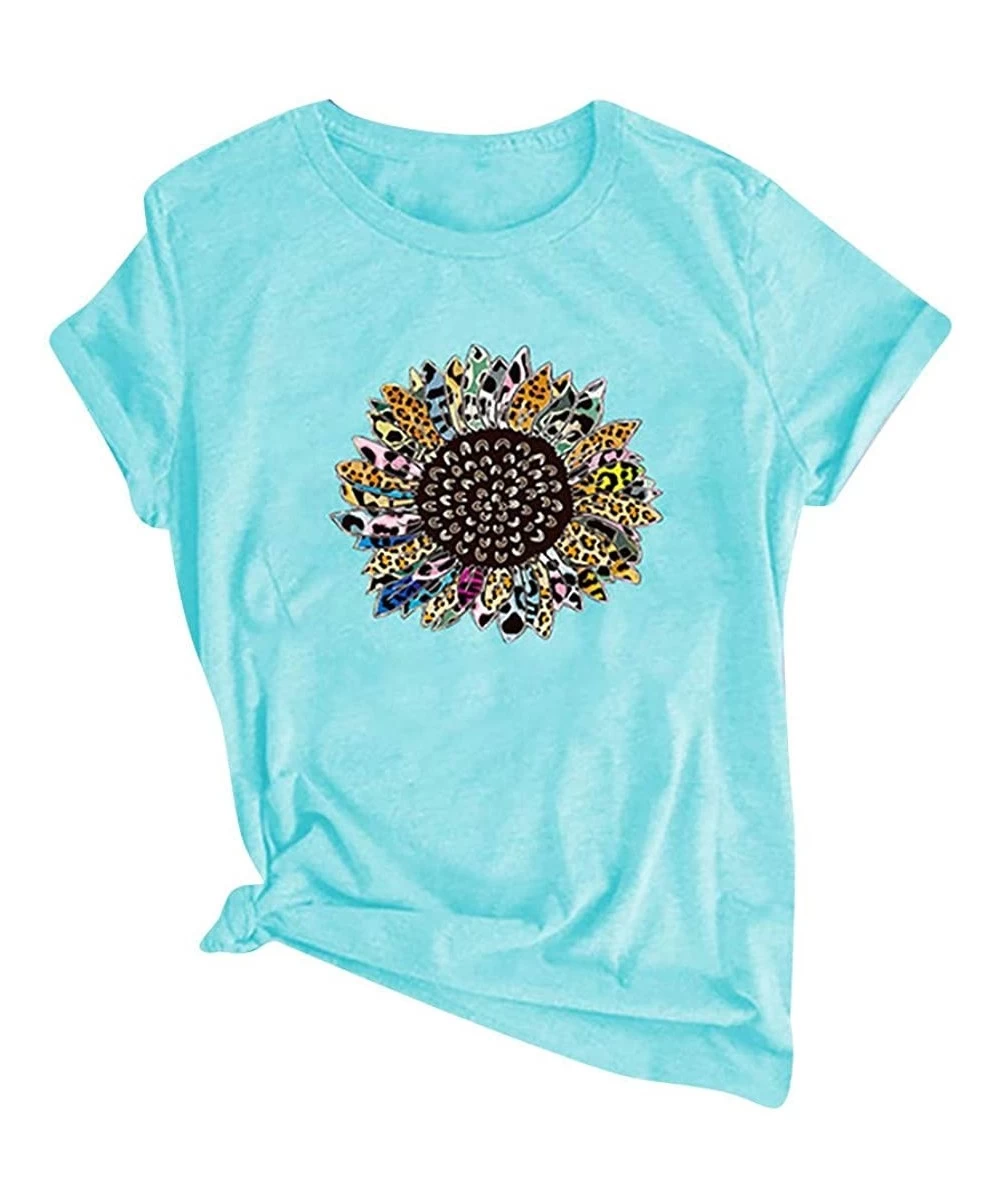 Racing Women Summer Tops Plus Size Creative Stitching Sunflower Flower Printed Short Sleeve Shirts Graphic Blouse - Blue - CE...