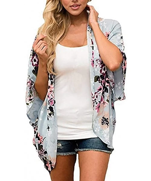 Cover-Ups Womens Swimsuit Cover Up Floral Chiffon Bathing Suit Cover Ups Kimono Cardigan Beach Cover Up - Light Blue - CX194G...