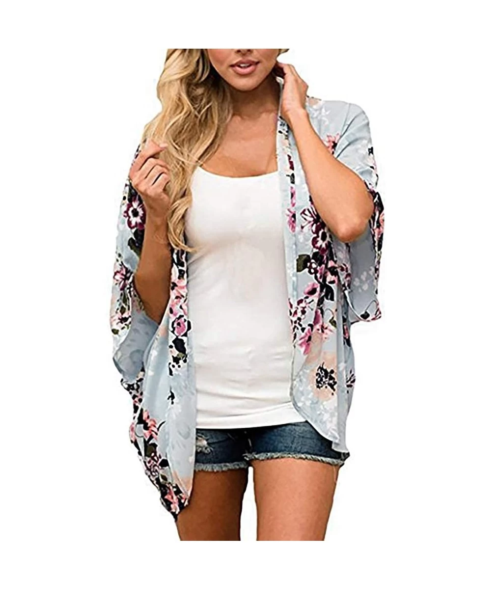 Cover-Ups Womens Swimsuit Cover Up Floral Chiffon Bathing Suit Cover Ups Kimono Cardigan Beach Cover Up - Light Blue - CX194G...