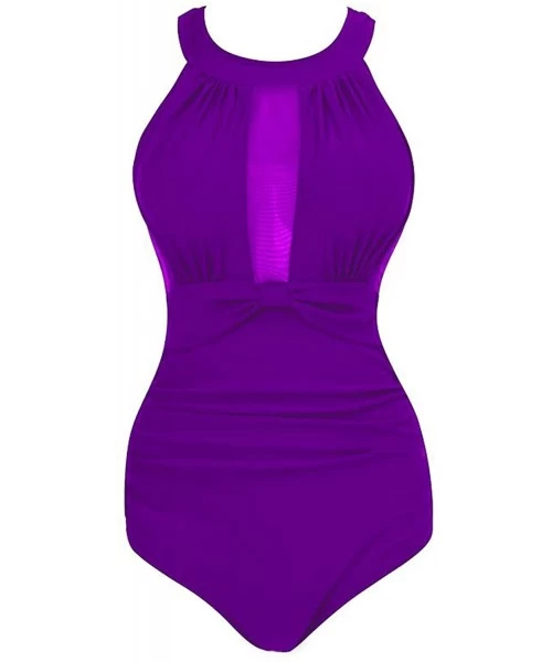 One-Pieces Womens One Piece High Neck V-Neckline Mesh Ruched Monokini Swimwear - Purple - CN18CKKGYSN