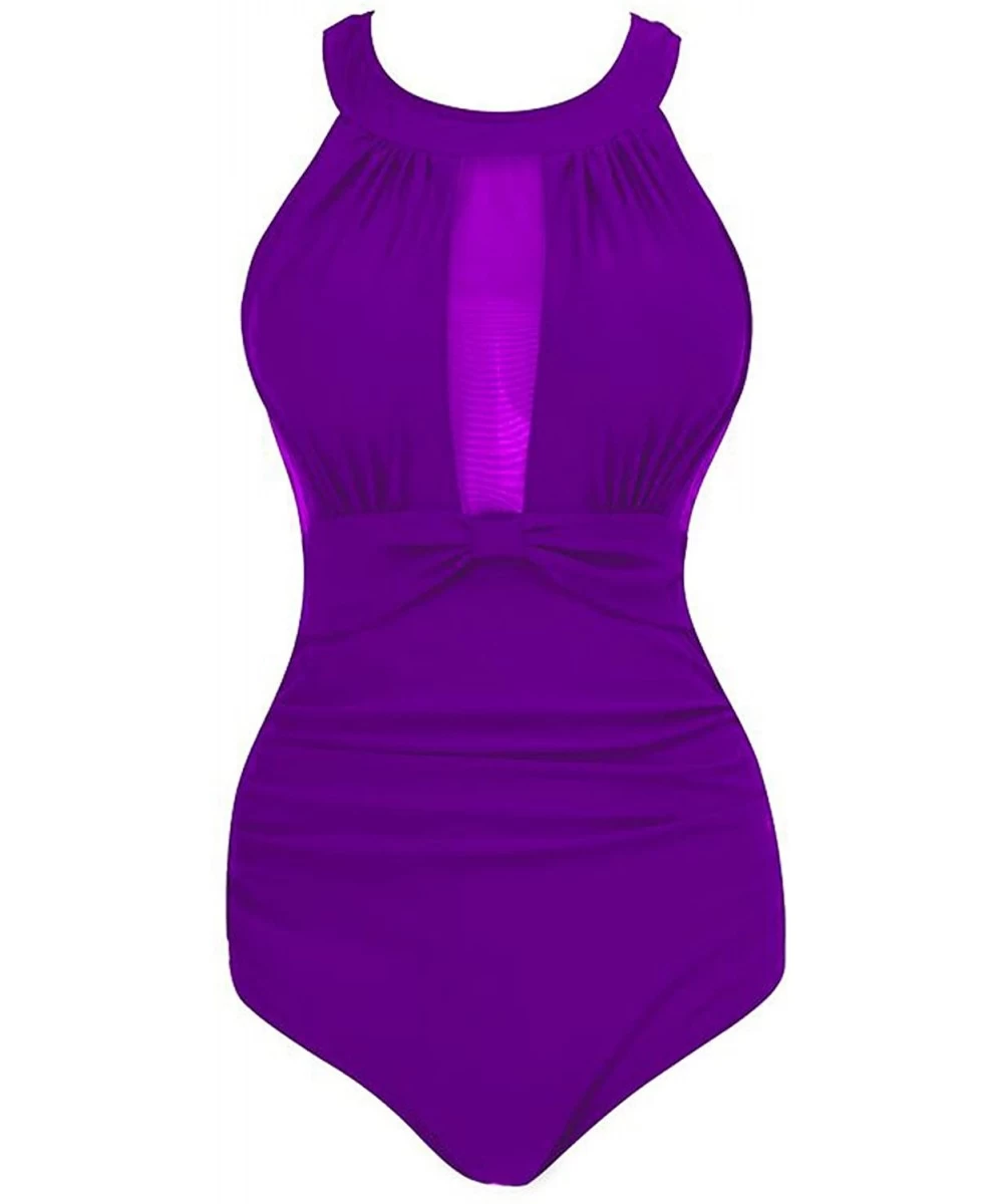 One-Pieces Womens One Piece High Neck V-Neckline Mesh Ruched Monokini Swimwear - Purple - CN18CKKGYSN