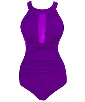 One-Pieces Womens One Piece High Neck V-Neckline Mesh Ruched Monokini Swimwear - Purple - CN18CKKGYSN