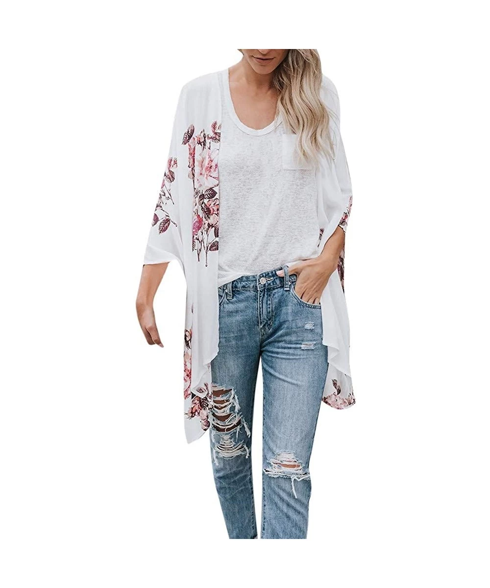 Tankinis Women Floral Printed Kimono Cardigan Loose 3/4 Sleeve Shawl Chiffon Casual Open Front - A - CW18NX76NMN