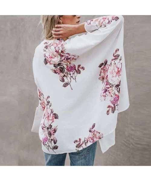 Tankinis Women Floral Printed Kimono Cardigan Loose 3/4 Sleeve Shawl Chiffon Casual Open Front - A - CW18NX76NMN