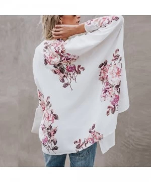 Tankinis Women Floral Printed Kimono Cardigan Loose 3/4 Sleeve Shawl Chiffon Casual Open Front - A - CW18NX76NMN