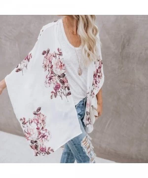 Tankinis Women Floral Printed Kimono Cardigan Loose 3/4 Sleeve Shawl Chiffon Casual Open Front - A - CW18NX76NMN