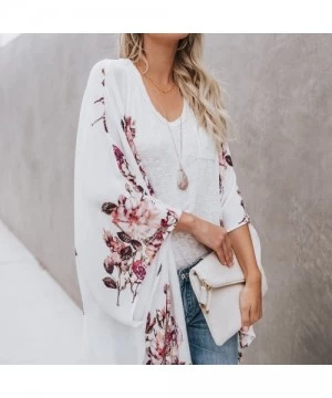 Tankinis Women Floral Printed Kimono Cardigan Loose 3/4 Sleeve Shawl Chiffon Casual Open Front - A - CW18NX76NMN