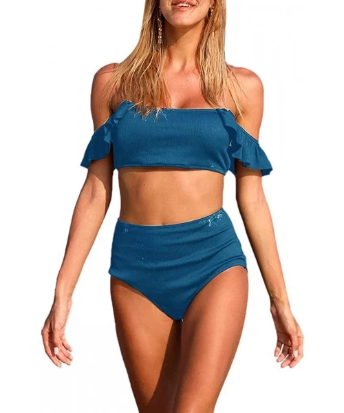 Sets Women's Off Shoulder Two Piece Bikini Sets Swimsuits with Ruffle Crop Tops High Waist Bikini Bottom - Blue - CT194Q2DXH9