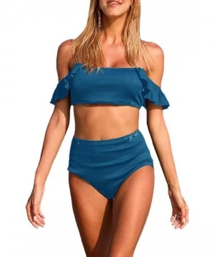 Sets Women's Off Shoulder Two Piece Bikini Sets Swimsuits with Ruffle Crop Tops High Waist Bikini Bottom - Blue - CT194Q2DXH9