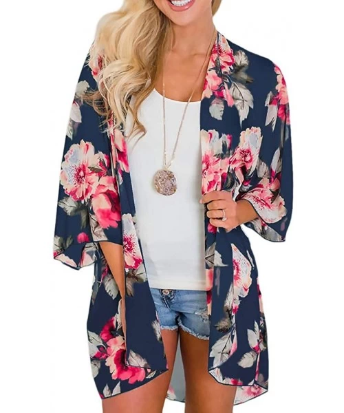 Cover-Ups Women Floral Print Kimono Sheer Chiffon Cardigan Half Sleeve Cover Up - Deep Blue - CK18W0RRZ2E