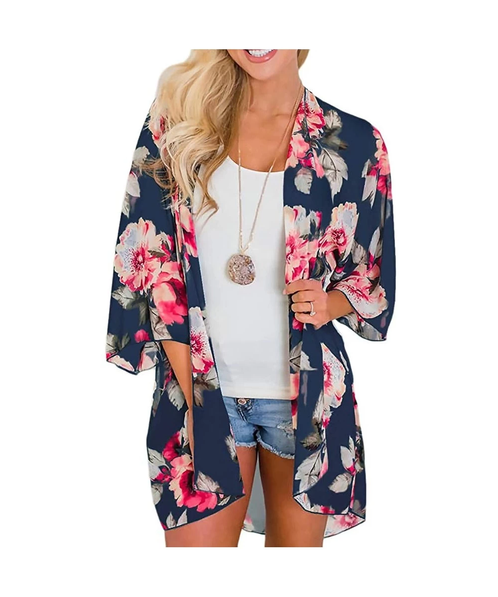 Cover-Ups Women Floral Print Kimono Sheer Chiffon Cardigan Half Sleeve Cover Up - Deep Blue - CK18W0RRZ2E