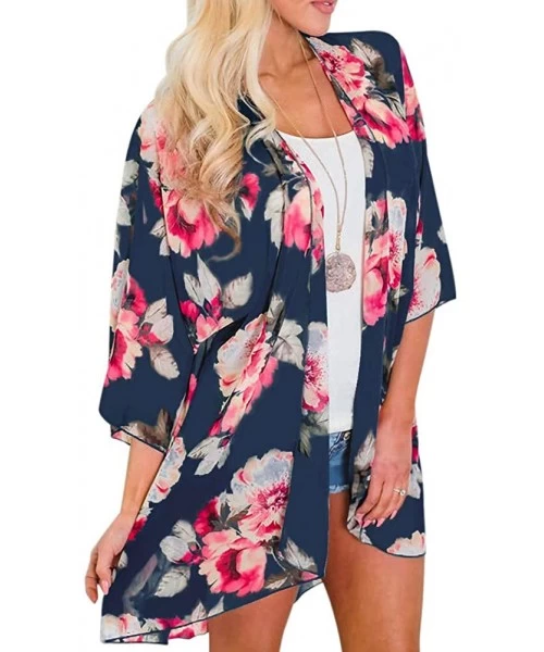 Cover-Ups Women Floral Print Kimono Sheer Chiffon Cardigan Half Sleeve Cover Up - Deep Blue - CK18W0RRZ2E