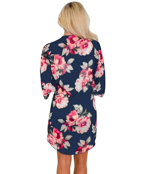 Cover-Ups Women Floral Print Kimono Sheer Chiffon Cardigan Half Sleeve Cover Up - Deep Blue - CK18W0RRZ2E