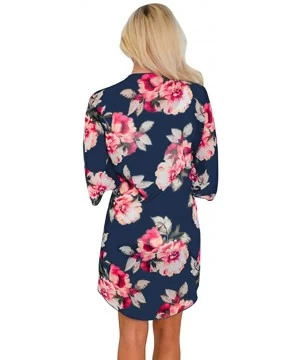 Cover-Ups Women Floral Print Kimono Sheer Chiffon Cardigan Half Sleeve Cover Up - Deep Blue - CK18W0RRZ2E