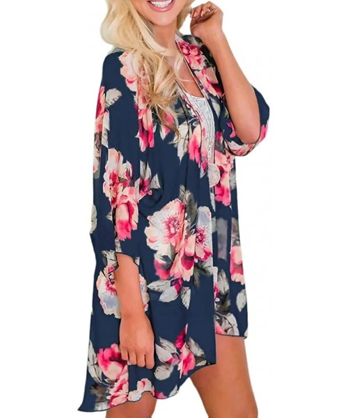 Cover-Ups Women Floral Print Kimono Sheer Chiffon Cardigan Half Sleeve Cover Up - Deep Blue - CK18W0RRZ2E