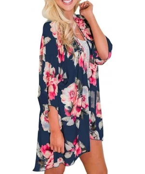 Cover-Ups Women Floral Print Kimono Sheer Chiffon Cardigan Half Sleeve Cover Up - Deep Blue - CK18W0RRZ2E