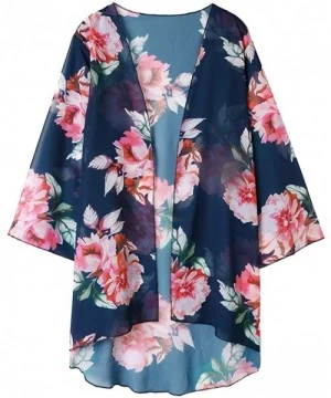 Cover-Ups Women Floral Print Kimono Sheer Chiffon Cardigan Half Sleeve Cover Up - Deep Blue - CK18W0RRZ2E