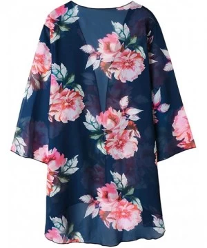 Cover-Ups Women Floral Print Kimono Sheer Chiffon Cardigan Half Sleeve Cover Up - Deep Blue - CK18W0RRZ2E