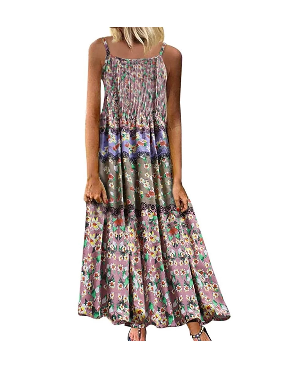 Cover-Ups Womens Dresses Special Occasion Vintage Flower Print Maxi Dress Bohemian Plus Size Dress Sleeveless Dresses Z1 pink...