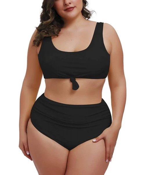 Sets Women's 2 Piece Plus Size High Waisted Swimwear Swimsuits Ruched Tummy Control Bikini Set - 02 - Black - CZ1953HNOR8