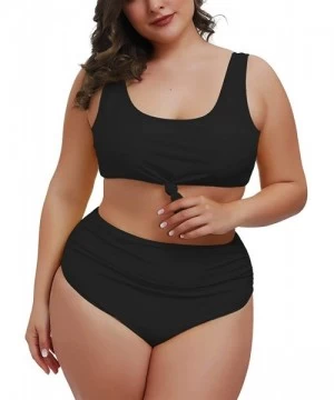 Sets Women's 2 Piece Plus Size High Waisted Swimwear Swimsuits Ruched Tummy Control Bikini Set - 02 - Black - CZ1953HNOR8