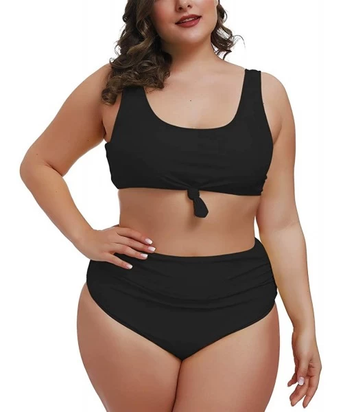 Sets Women's 2 Piece Plus Size High Waisted Swimwear Swimsuits Ruched Tummy Control Bikini Set - 02 - Black - CZ1953HNOR8