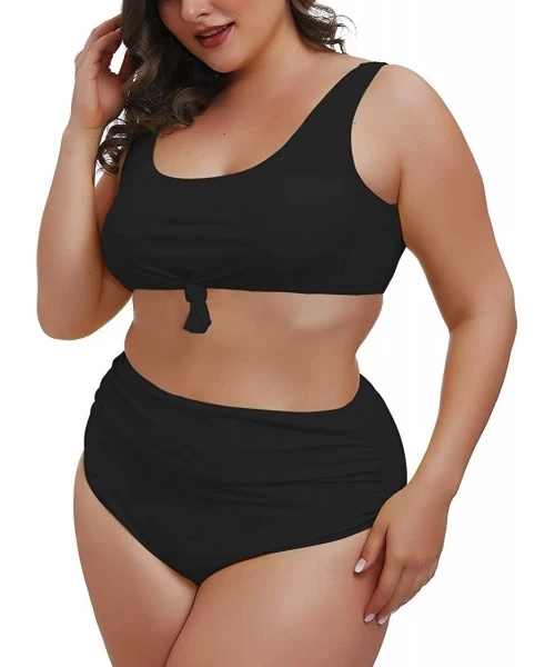 Sets Women's 2 Piece Plus Size High Waisted Swimwear Swimsuits Ruched Tummy Control Bikini Set - 02 - Black - CZ1953HNOR8