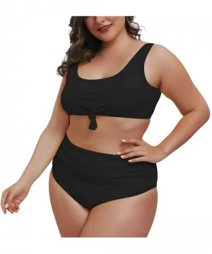 Sets Women's 2 Piece Plus Size High Waisted Swimwear Swimsuits Ruched Tummy Control Bikini Set - 02 - Black - CZ1953HNOR8