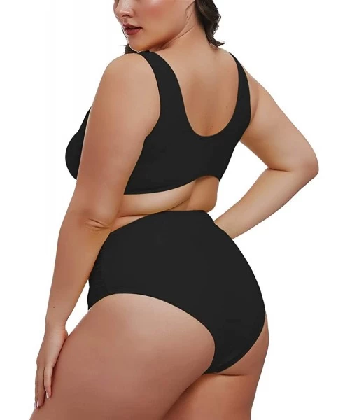 Sets Women's 2 Piece Plus Size High Waisted Swimwear Swimsuits Ruched Tummy Control Bikini Set - 02 - Black - CZ1953HNOR8