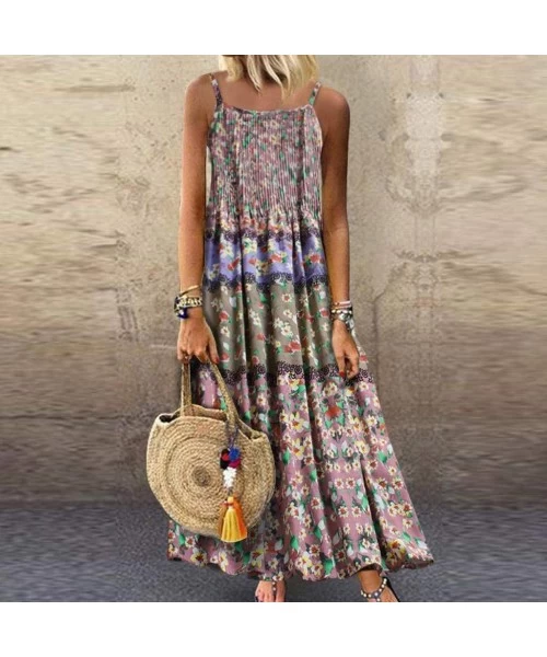 Cover-Ups Womens Dresses Special Occasion Vintage Flower Print Maxi Dress Bohemian Plus Size Dress Sleeveless Dresses Z1 pink...