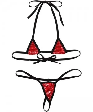 Sets Women's Halterneck Micro Thong Bikini 2 Piece Swimsuit Mini Tie Side Sexy Extreme Swimwear - Red Shiny - CW190X7ZK0E