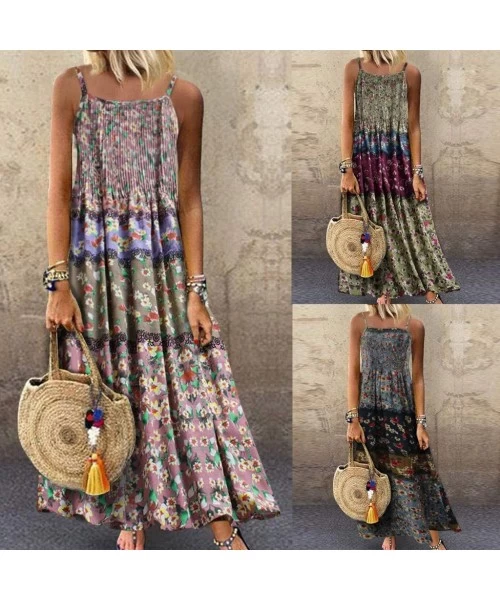 Cover-Ups Womens Dresses Special Occasion Vintage Flower Print Maxi Dress Bohemian Plus Size Dress Sleeveless Dresses Z1 pink...