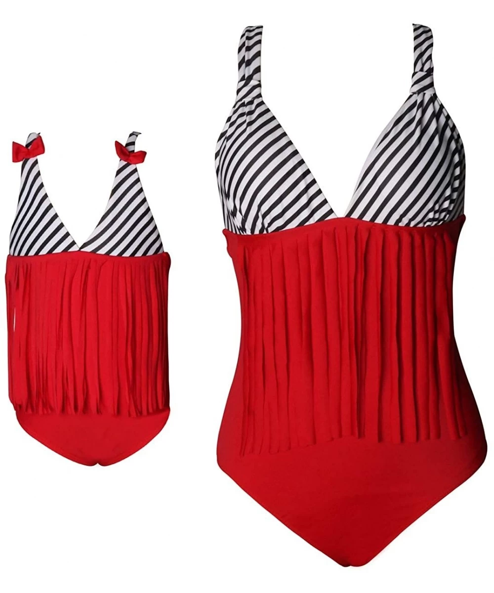 Racing Mother Girl High Waist Deep V Neck One Piece Family Matching Bathing Suits - Red - C1198KG37R6