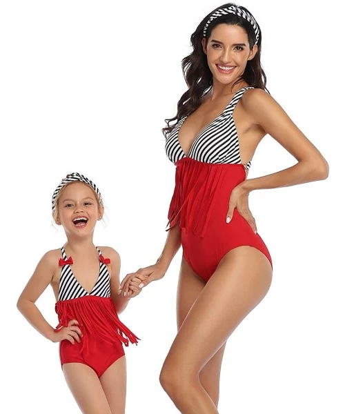 Racing Mother Girl High Waist Deep V Neck One Piece Family Matching Bathing Suits - Red - C1198KG37R6