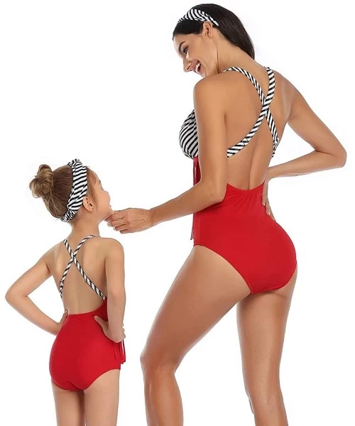 Racing Mother Girl High Waist Deep V Neck One Piece Family Matching Bathing Suits - Red - C1198KG37R6