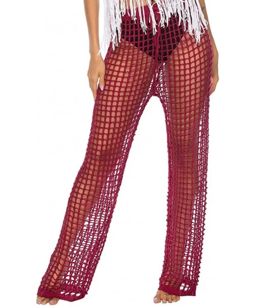 Cover-Ups Womens Cover Up Pants Sexy Hollow Out Crochet High Waist Mesh Swimsuits Pants - Red-hollow Out Crochet - CI18W2EQ49K